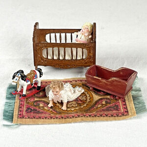 Dollhouse Miniature 1:24 Nursery Bespaq Crib CJs Bassinet Rug Rocking Horse Baby